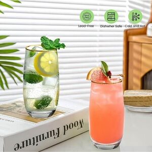 Set of 6 Crystal  Drinking Tall Highball Water Glasses 13 oz Gold Rimmed New